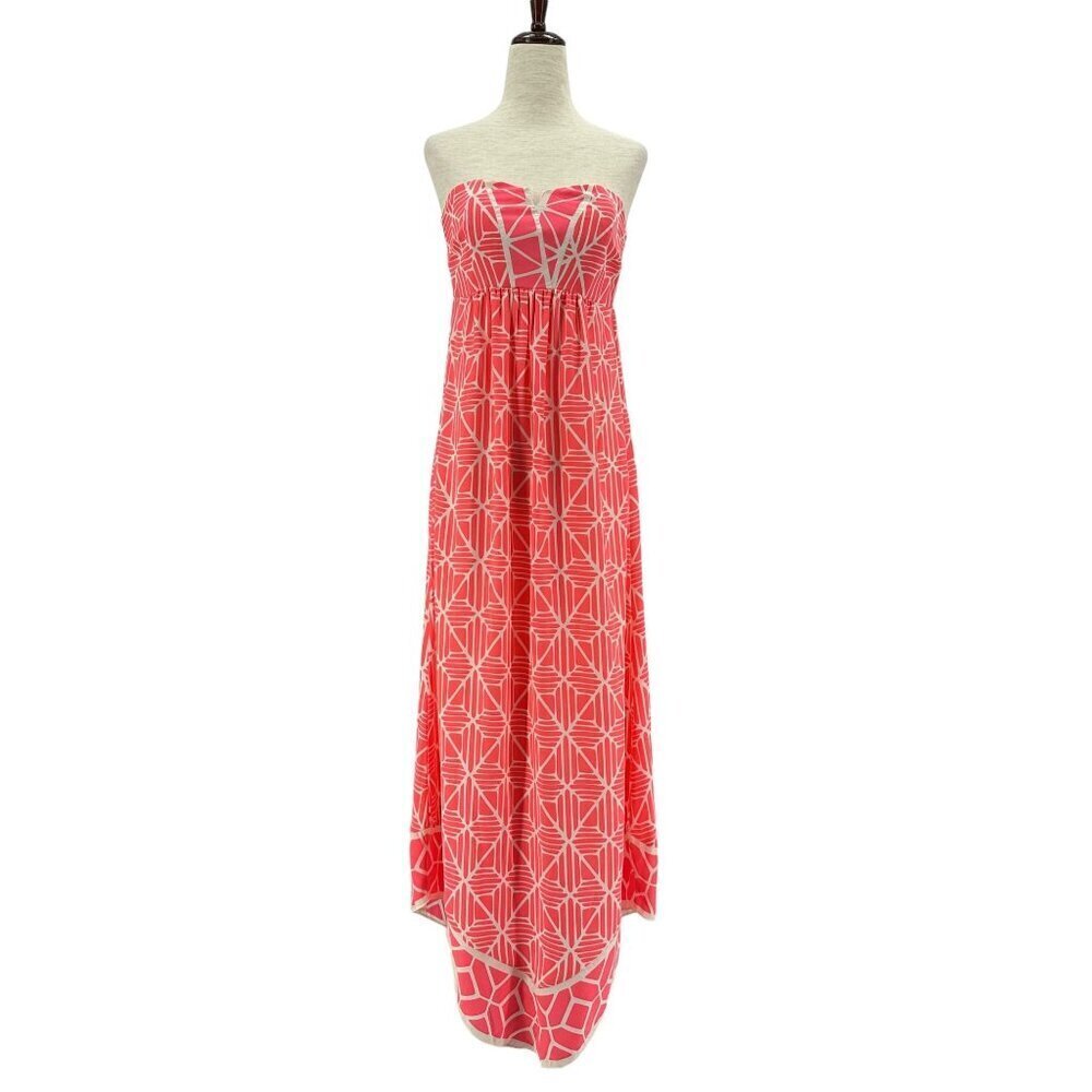 Alice & Trixie Silk Strapless Geometric Neon Pink Cream Maxi Dress Small